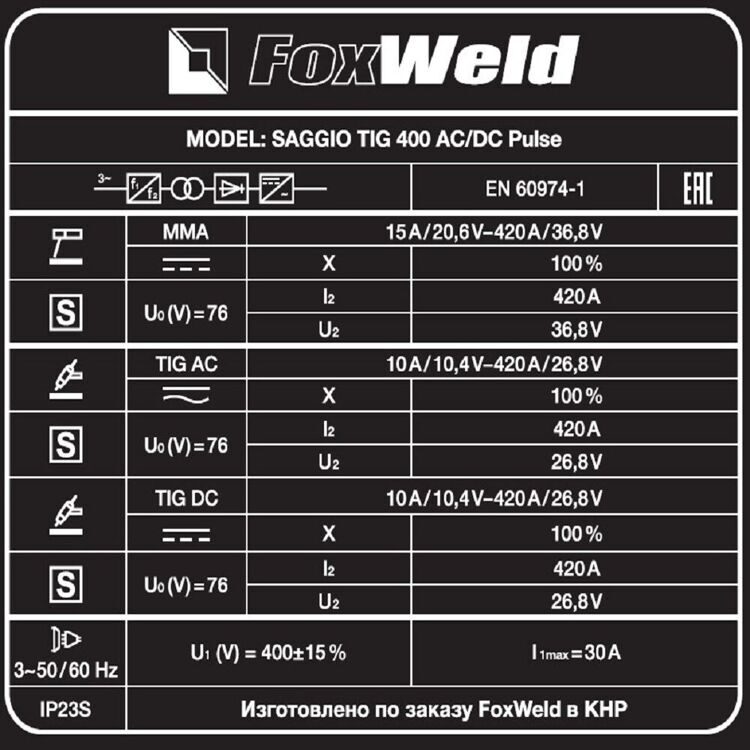 АППАРАТ АРГОНОДУГОВОЙ СВАРКИ SAGGIO TIG 400 AC/DC PULSE