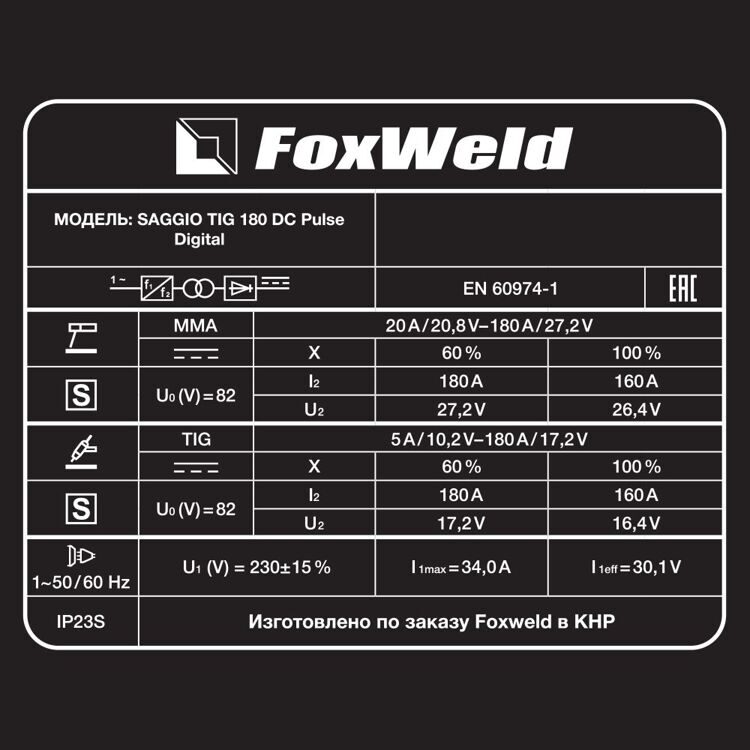 АППАРАТ АРГОНОДУГОВОЙ СВАРКИ SAGGIO TIG 180 DC PULSE DIGITAL (ПР-ВО FOXWELD/КНР)